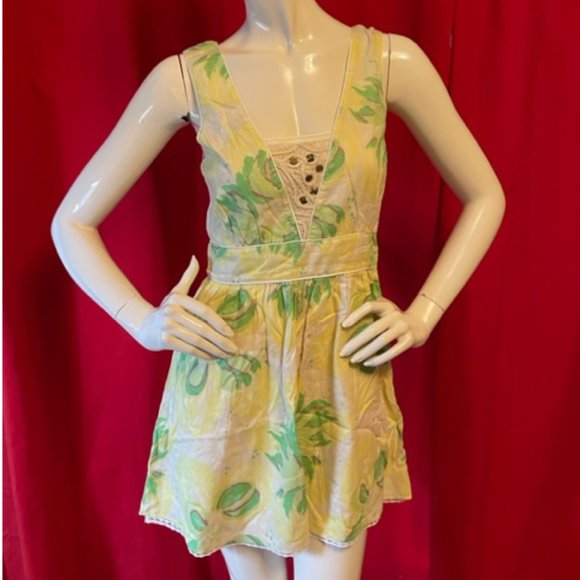 Free People Yellow Floral Print Cotton Mini Dress Size 6 NWT - Picture 2 of 3